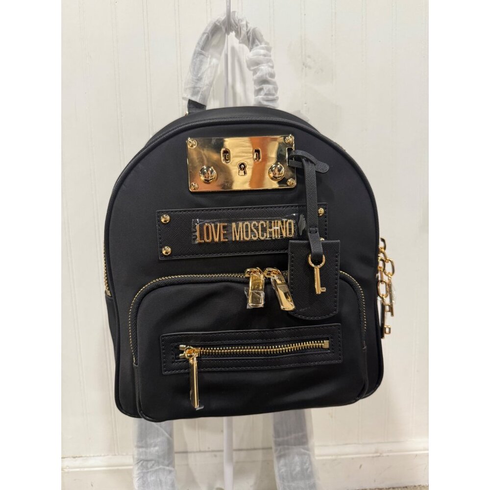 Love Moschino Black Nylon Backpack With Gold Hardware & Multiple Zipper Pockets